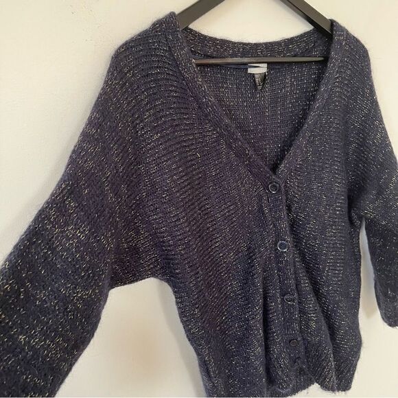 H&M Navy Gold Metallic‎ Wool Blend Cable Knit Cardigan - Picture 3 of 7